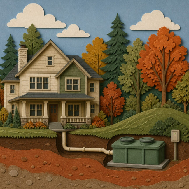 Paper cut-out illustration of a North Georgia home with an alternative septic treatment unit and mound in the yard