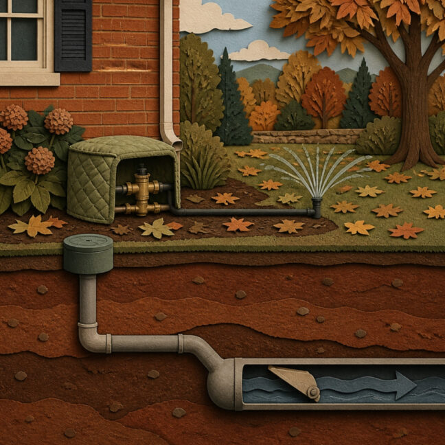 Paper cut-out illustration of a North Georgia home with an insulated irrigation backflow preventer and a sewer line with a one-way check valve