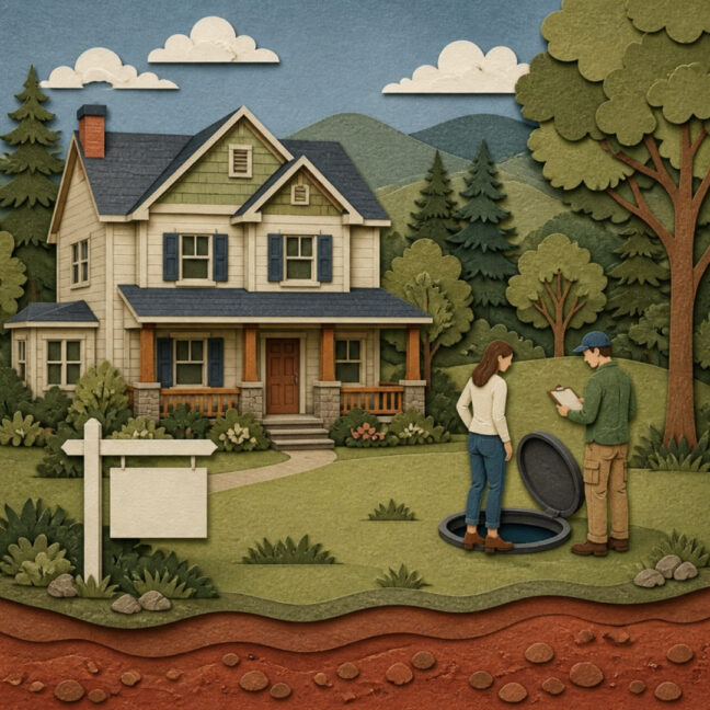 Paper cut-out illustration of a couple checking an open septic tank lid in the backyard of a North Georgia home for sale