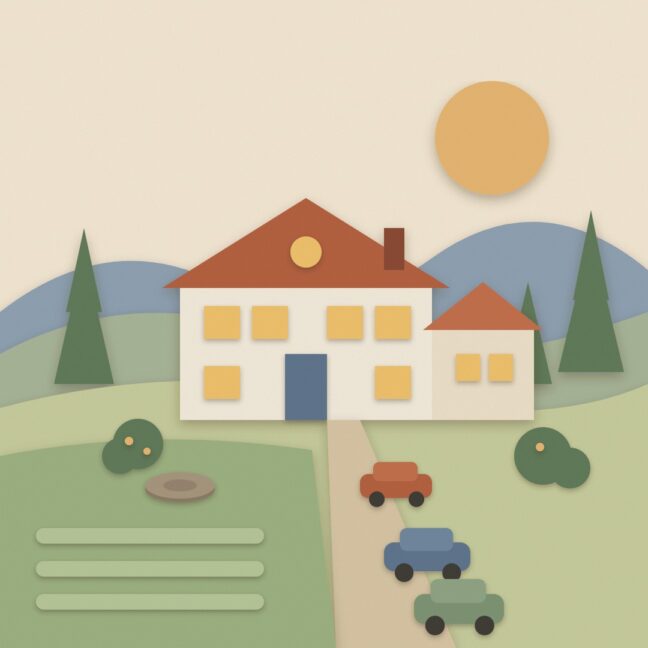 Paper cut-out illustration of a busy North Georgia home with several cars in the driveway, glowing windows and a septic drain field in the front yard