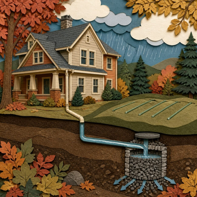 Paper cut-out illustration of a North Georgia home with a downspout piped to a gravel dry well away from the septic drain field