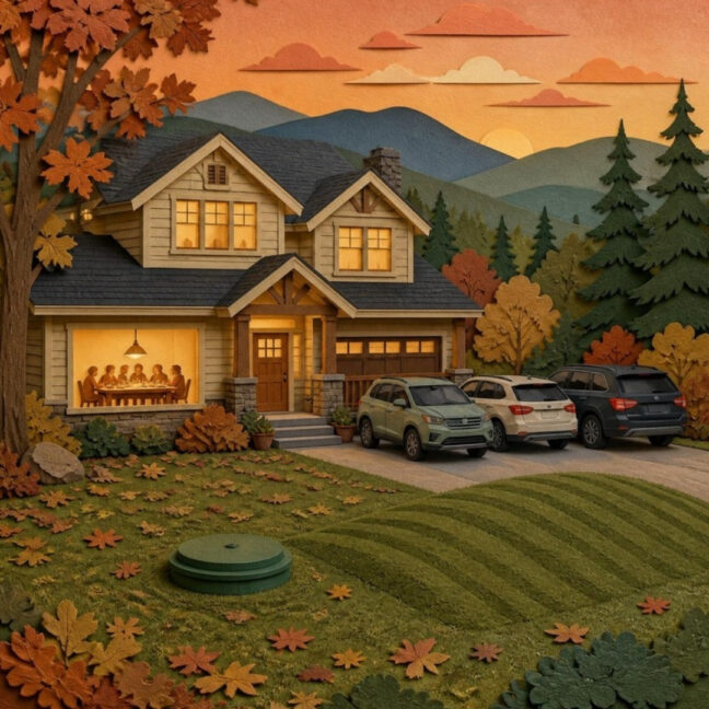 Paper cut-out illustration of a North Georgia home hosting holiday guests, with cars in the driveway, a septic lid and the drain field in the yard