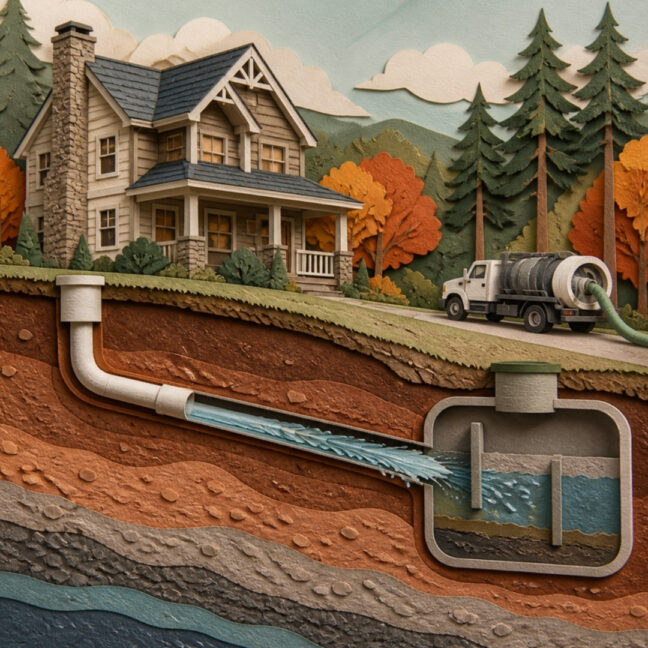 Paper cut-out illustration of a North Georgia home with a cutaway sewer line being cleared by a water jet on its way to a septic tank