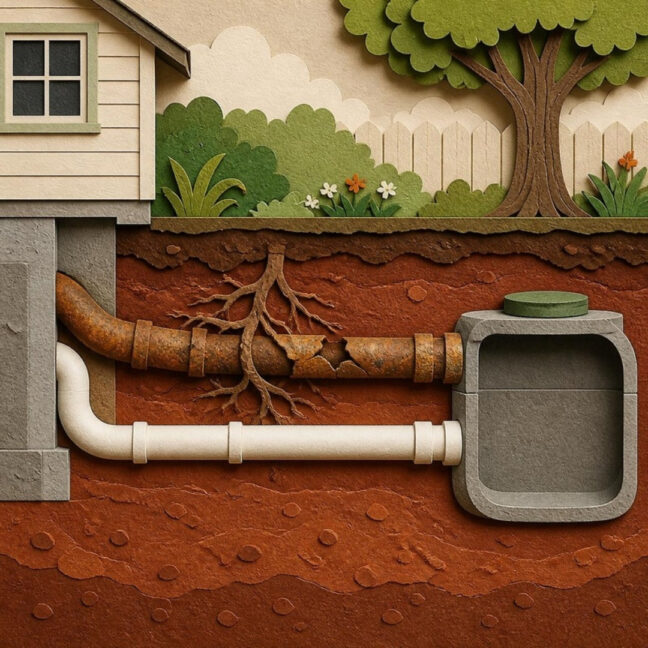 Paper cut-out cutaway of a yard showing an old cracked and root-filled pipe beside a new white PVC line running from a house to a septic tank