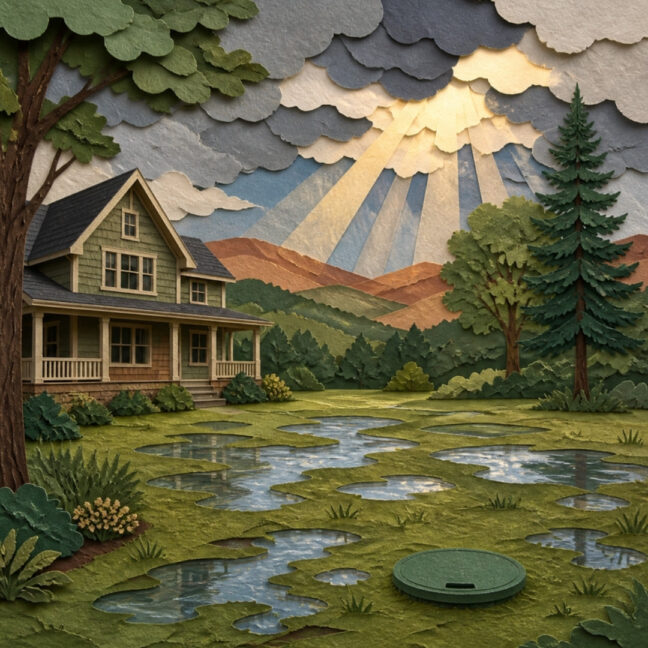 Paper cut-out illustration of a North Georgia home after heavy rain, with standing water over the drain field and a septic lid in the lawn