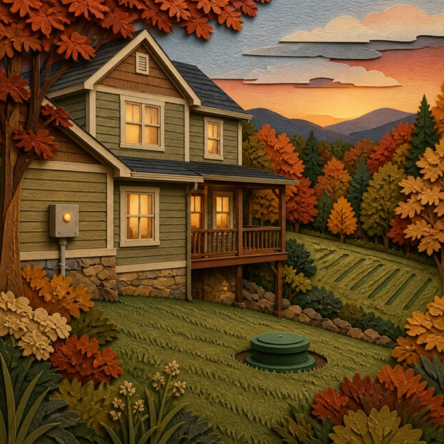 Paper cut-out illustration of a North Georgia home with a septic alarm panel on the side wall and a septic riser lid in the autumn yard