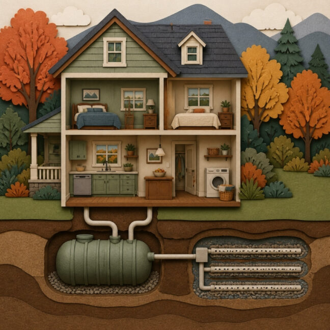 Paper cut-out illustration of a North Georgia home showing kitchen and laundry appliances draining to a septic tank and drain field