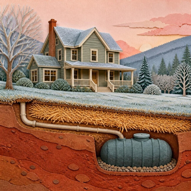 Paper cut-out illustration of a frosty North Georgia house at dawn with a cutaway showing the septic line and tank under a blanket of straw mulch