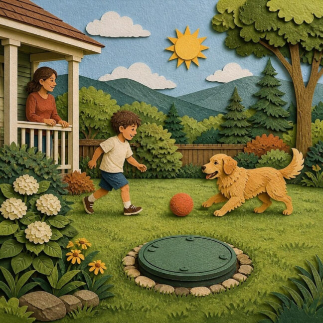 Paper cut-out illustration of a child and dog playing in a backyard at a safe distance from a secured, flush septic tank lid